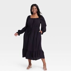 Ava & Viv Black Balloon Sleeve Tiered Dress Stretch Comfy Neutral Wedding Guest